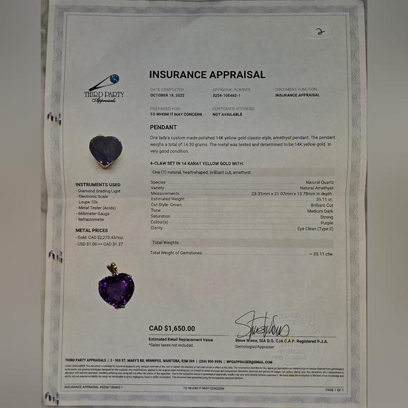 35.11ct Amethyst Classic Heart Pendant set in 14K Yellow Gold. Incl Appraisal - Picture 9 of 11